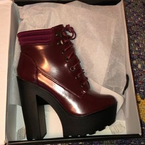 Burgundy platform bootie faux leather.